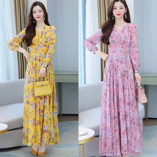 【取寄】結婚式ドレス パーティードレス 花柄ドレス フレアドレス Vネック ウエストマーク Aライン 大きいサイズ プリーツ型 体型カバー ロング丈 お洒落 大人可愛い 高級感 エレガント 20代 30代(4)