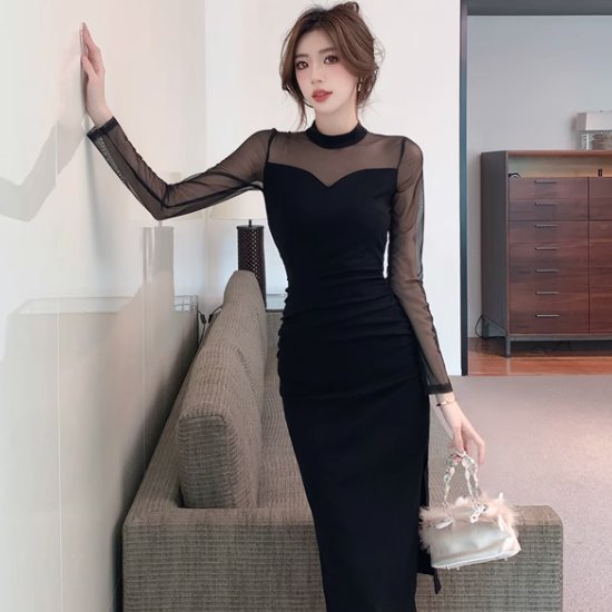 【取寄】結婚式ドレス パーティードレス カラードレス ハイネック チュール 長袖 サイドスリット ロン..