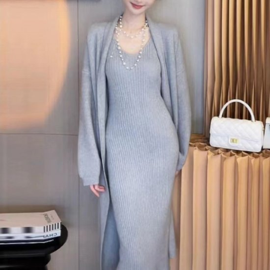 【取寄】ニットセットアップ レディース 2点セット ツーピース ロングカーディガン 長袖 ミモレ丈ワンピース ノースリーブ シンプル 無地 カジュアル お出かけ おしゃれ ルームウェア リブニット 女性