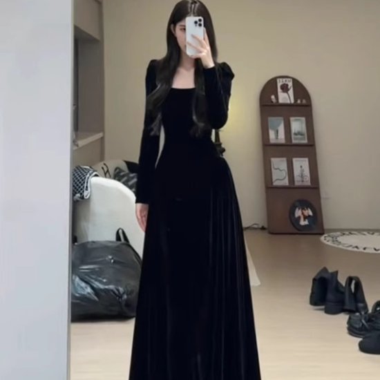 【取寄】演奏会ドレス レディース パーティードレス 結婚式ドレス ロングドレス ワンピースドレス ロングワンピース 長袖ワンピース スクエアネック ベルベット ハイウエスト 上品 シック きれいめ エレガント