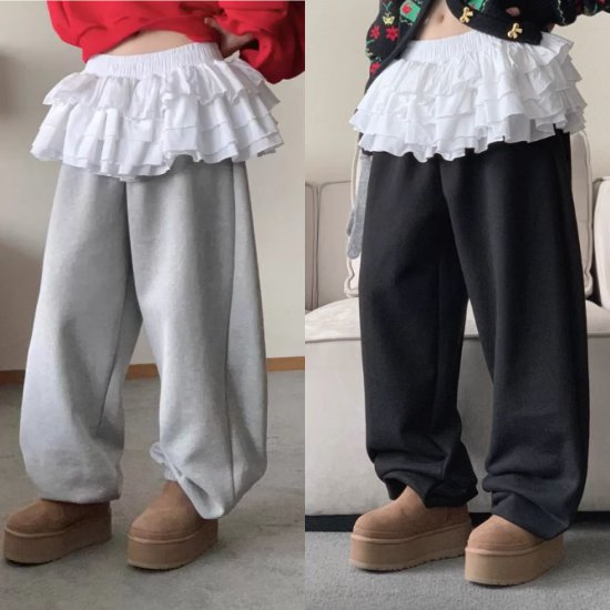 【取寄】スウェットパンツ レディースファッション ボトムス ティアードフリル付 ウエストゴム ダボっ..