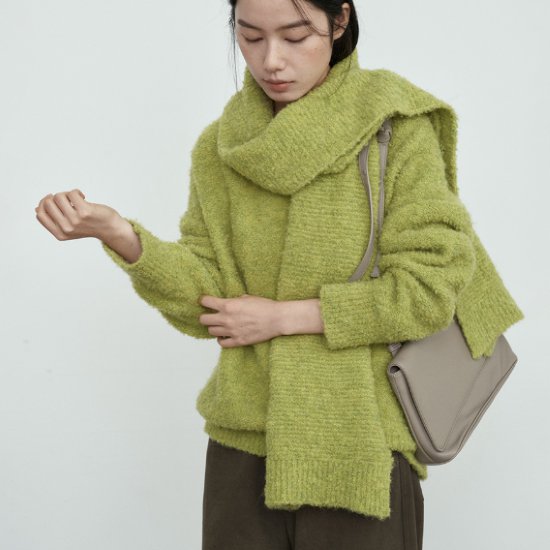 Three-Quarter Knit - 【取寄】ニットセーター レディース トップス プルオーバー ニット セーター マフラー付き ショール付き ラウンドネック 長袖 シンプル 無地 ゆったり カジュアル お出かけ おしゃれ 秋冬 暖かい 女性