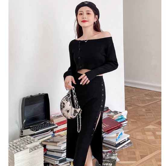 【取寄】ニットスカート レディースファッション ボトムス ハイウエストスカート タイトスカート スリット サイドボタン付 体型カバー 上品 エレガント 高級感 大人可愛い お洒落 韓国風 20代 30代