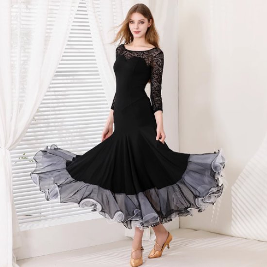 【取寄】パーティードレス レディース 結婚式ドレス 演奏会ドレス 社交ダンス ダンス衣装 ロングドレス ロングワンピース ワンピースドレス フリル裾 レース モダン 黒 ブラック きれいめ エレガント 女性