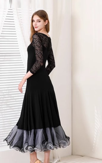【取寄】パーティードレス レディース 結婚式ドレス 演奏会ドレス 社交ダンス ダンス衣装 ロングドレス ロングワンピース ワンピースドレス フリル裾 レース モダン 黒 ブラック きれいめ エレガント 女性