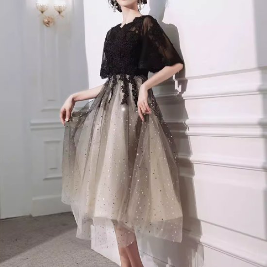 Rakuten - 【取寄】パーティードレス レディース 結婚式ドレス 演奏会ドレス ワンピースドレス ミモレ丈ワンピース ハイウエスト グラデーション ラメ きらきら 半袖 レース きれいめ エレガント お呼ばれ フォーマル