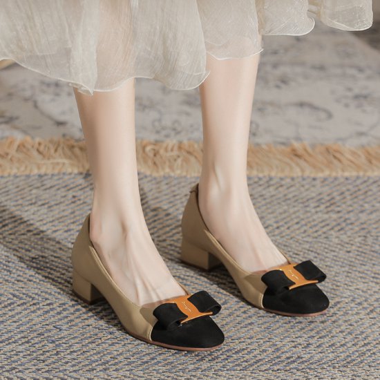 【取寄】パンプス レディース 靴 シューズ リボン バイカラー コントラストカラー 配色デザイン 太ヒー..