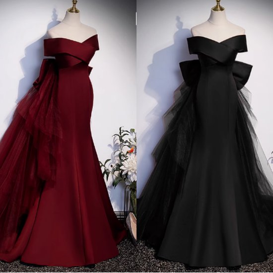 Rakuten - 【取寄】結婚式ドレス パーティードレス レディースファッション フィッシュテールドレス オフショルダードレス バックレースアップ バックリボン Aライン 大人可愛い 高級感 お洒落 ゴージャス 韓国風 20代