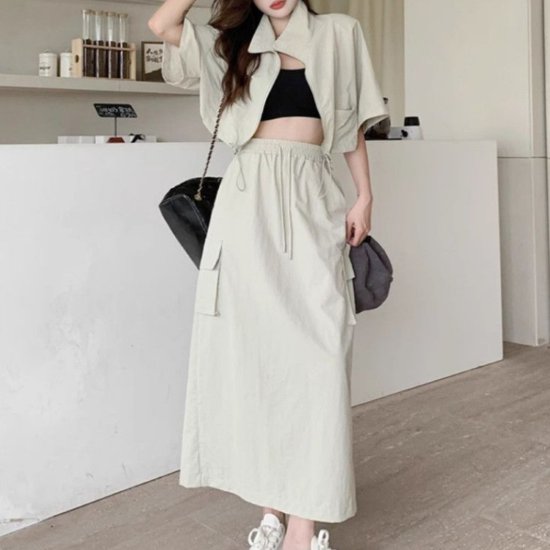 【取寄】セットアップ レディース 上下セット 2点セット ツーピース トップス ショート丈 半袖 フロントジッパー 羽織 ボトムス ロングスカート ハイウエスト カジュアル お出かけ おしゃれ シンプル 無地