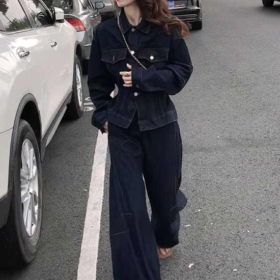 【取寄】デニムセットアップ レディース 上下セット 2点セット ツーピース Gジャン ジャケット 長袖 ボタン 襟あり ワイドパンツ ハイ..