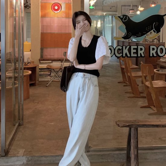 Rakuten - 【取寄】ニットトップス レディースファッション ラウンドネック フレンチスリーブ 袖刺繍 半袖 異素材 シンプル バイカラー カジュアル ベーシックカラー ガーリー 大人可愛い 綺麗 お洒落 韓国風 20代