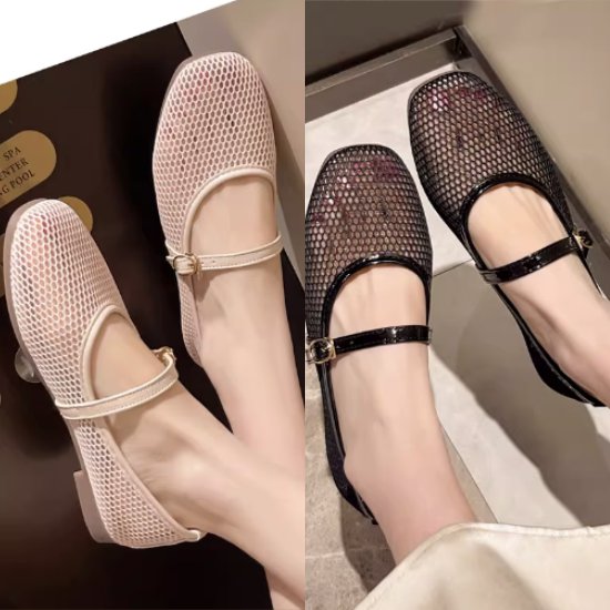 Straps - 【取寄】バレエシューズ レディースファッション シューズ ローヒールシューズ ストラップシューズ スクエアトゥ 透かし編みタイプ カジュアル 大人可愛い お洒落 光沢感 シンプル カジュアル 韓国風 20代
