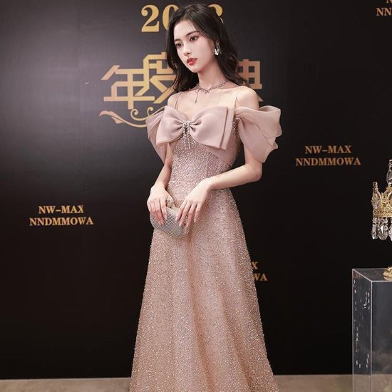 【取寄】演奏会ドレス レディース 結婚式ドレス パーティードレス ロングドレス ワンピースドレス オフショルダー リボン ラメ きらきら クリスタル ハイウエスト プリンセス きれいめ エレガント お呼ばれ