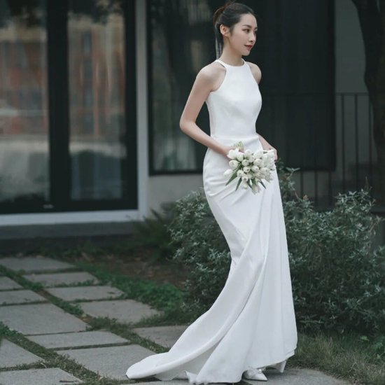 【取寄】ウエディングドレス レディース 結婚式ドレス ブライダルドレス 花嫁 シンプル 無地 ロングドレス ワンピースドレス ノースリーブ きれいめ エレガント サテン調 白 ホワイト 女性 ファッション(4)