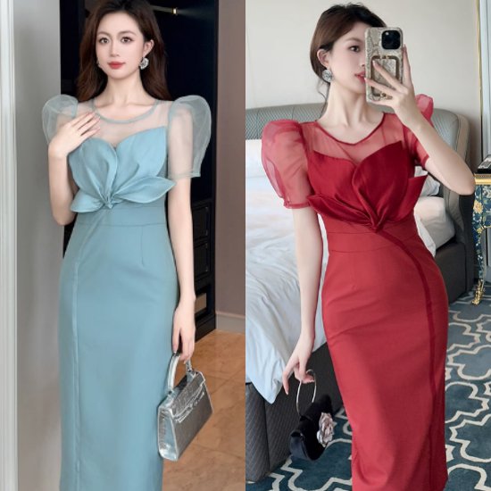 【取寄】結婚式ドレス パーティー レディースファッション チュール袖ドレス ラウンドネック 胸下縛り..