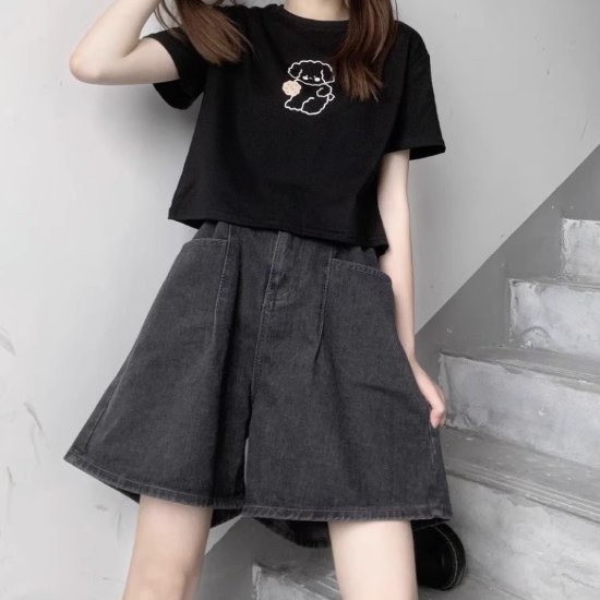 Bottoms - 【取寄】ショートパンツ レディース ボトムス デニムパンツ ショート丈 ハイウエスト Aライン ワイドシルエット シンプル 無地 美脚 脚長 カジュアル お出かけ おしゃれ ファッション ボタン ポケット