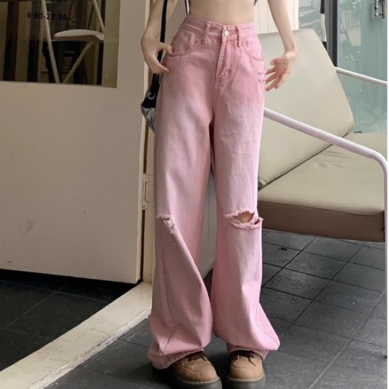 乐天商城 - 【取寄】デニムパンツ レディース ボトムス ジーンズ ジーパン Gパン ダメージ加工 ワイドシルエット ハイウエスト 無地 カジュアル お出かけ おしゃれ ロングパンツ 長ズボン 女性 ファッション コットン