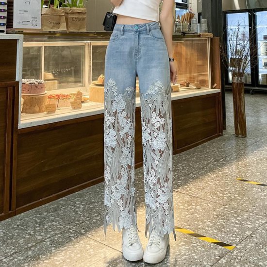 乐天商城 - 【取寄】デニムパンツ レディース ボトムス ジーンズ ジーパン Gパン ロングパンツ 長ズボン レース刺繍 ストレート 個性的 カジュアル お出かけ おしゃれ ハイウエスト 透け感 女性 ファッション 華やか