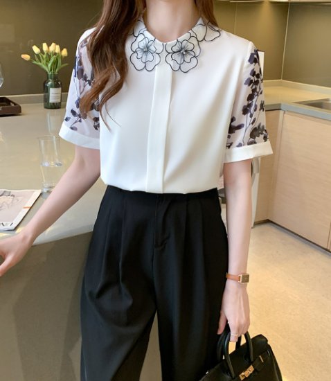 【取寄】シフォンブラウス レディース トップス シャツ 半袖 花柄 フラワー フローラル きれいめ 上品 エレガント 大人っぽい オフィス OL 通勤 お呼ばれ フォーマル カジュアル お出かけ おしゃれ