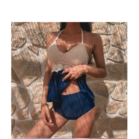 【取寄】水着 レディースファッション ワンピースビキニ ツーピースビキニ ホルターネックビキニ クロシェ編み ペプラム 体型カバー カジュアル セクシー バックシャン 大人可愛い お洒落 綺麗 韓国風 20代