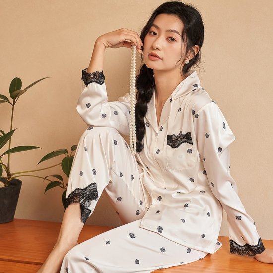 【取寄】ルームウェア レディース パジャマ 上下セット ツーピース 襟あり バラ柄 ローズ レース コン..