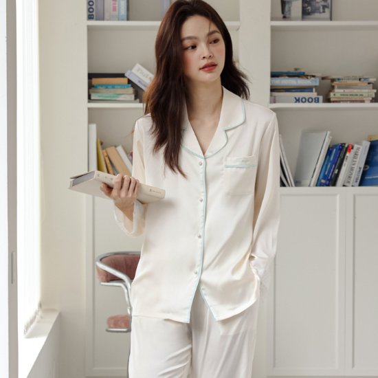 【取寄】ルームウェア レディース パジャマ 上下セット ツーピース 長袖 ロングパンツ フロントボタン 襟あり シンプル 無地 ベーシック パイピング ウエストゴム リラックス ホームウェア ナイトウェア