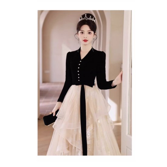 Rakuten - 【取寄】結婚式ドレス パーティー レディースファッション ワンピースドレス チュールドレス ロングドレス Vネック フロントボタン 長袖 ウエストリボン バイカラー 高級感 綺麗めゴージャス 韓国風 20代