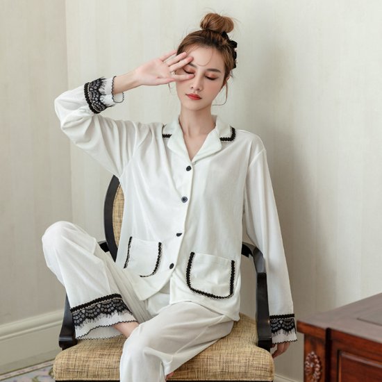 【取寄】ルームウェア レディース パジャマ 上下セット ツーピース 長袖 ロングパンツ レース バイカラ..