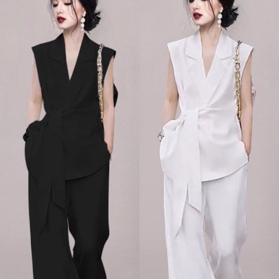 【取寄】結婚式ドレス パーティー レディースファッション パンツドレス セットアップドレス オケージョンドレス ノースリーブジャケット テーラード襟 ウエストリボン ワイドパンツ エレガント 韓国風 20代