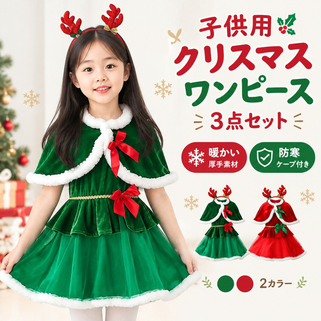 子供服 ワンピース 女の子 3点セット マント ケープ付き コスプレ 衣装 サンタ クリスマスサンタクロース コスチューム 秋冬 防寒 厚手 新年 クリスマス ギフト プレゼント 遊園 fesmart-10039685 フェスマート パッケージ画像