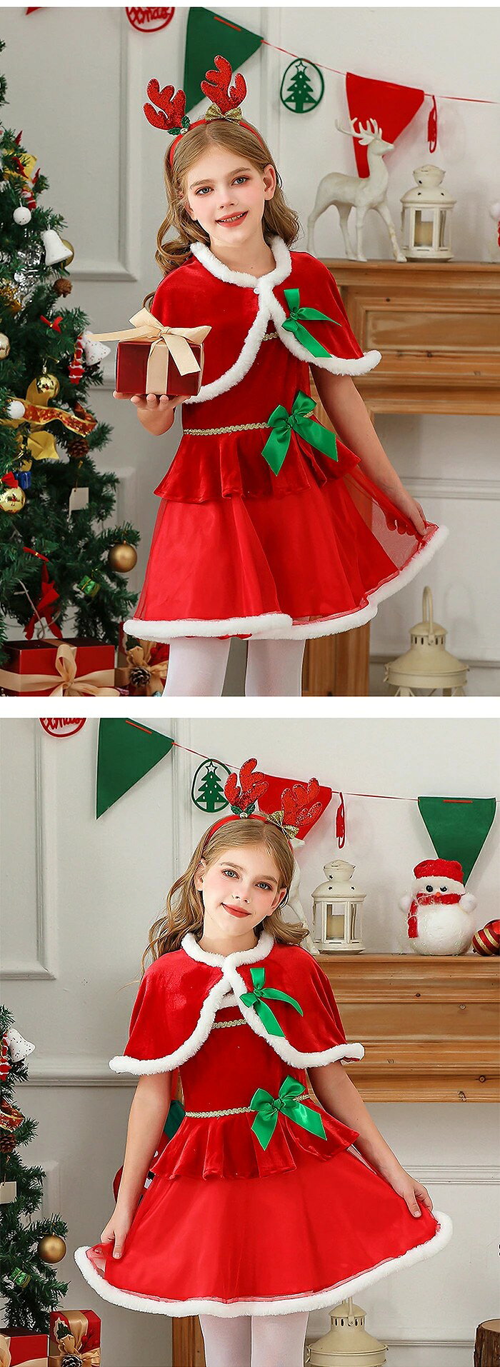 子供服 ワンピース 女の子 3点セット マント ケープ付き コスプレ 衣装 サンタ クリスマスサンタクロース コスチューム 秋冬 防寒 厚手 新年 クリスマス ギフト プレゼント 遊園 fesmart-10039685 フェスマート サンプル画像3