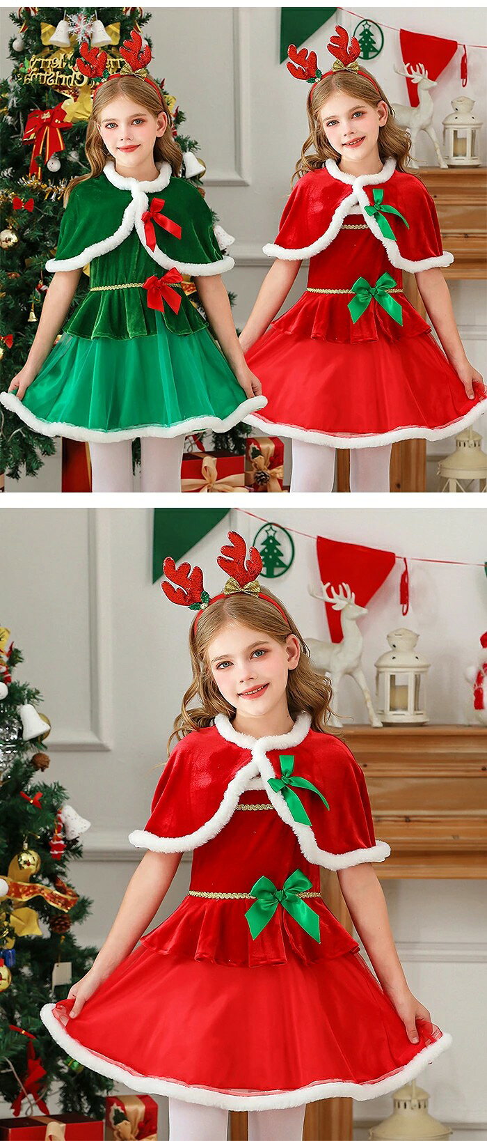 子供服 ワンピース 女の子 3点セット マント ケープ付き コスプレ 衣装 サンタ クリスマスサンタクロース コスチューム 秋冬 防寒 厚手 新年 クリスマス ギフト プレゼント 遊園 fesmart-10039685 フェスマート サンプル画像2