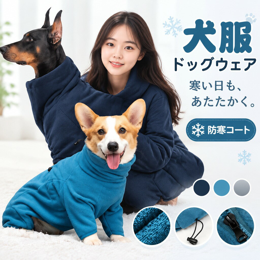 おすすめポイント 保温性が高いふわふわのタートルネックデザインで、ペットをより快適でスタイリッシュにします。 柔らかいボア素材、しっかり保温できる仕組みになっています。大雪の日でも犬に十分な暖かさを与えることができます。寒い季節には、愛犬にとって欠かせないアイテムですよ。 タートルネックデザイン防風防寒効果あります。肌に優しいの素材を使用し、柔らかくて、暖かい背中に調整のバックルがあり、ペットのサイズに合わせて調整可能!ジッパー式なので着脱が簡単!お散歩にも便利な犬用コートです。 商品名:ペット服 素 材:ポリエステル カラー:ネイビー、ブルー サイズ:XXS/XS/S/M/L/XL/2XL/3XL ※実寸は平置きサイズです。2-3CMの誤差やタグ表記と異なる場合はご了承ください。生産国:中国(日本人スタッフによる安心の検品体制) ◆◆注意事項◆ ◆モニターにより色の見え方が実際の商品と多少異なることがございます。あらかじめご了承くださいませ。 ◆洗濯の際は色落ちの可能性がありますので単品手洗いでお願いいたします。 ◆商品生地、色合い、装飾部品の色やデザインなど、生産時期によって、差異が生じます。そのため、同じ商品を複数点ご購入の場合、場合によって色、コサージュのデザイン等差異がでる場合がございます。ご了承ください。 ◆輸入商品について、ご存知の通り海外の工場での縫製は日本の工場と比べますと、縫製の見劣り・糸のほつれ、製造過程における小さなキズ、シミなどが見られる場合がございますが、不良品ではございません。出荷時にすべての商品を検品しておりますが、予め上記点ご了承下さい。 ◆ご購入前に、・・・・等、ご注文内容にお間違いがないか必ずご確認ください。 ▼検索関連キーワード(商品の説明ではありません) 犬服 ドッグウェア パーカー ペット ペットウェア ネコ 小型犬 衣装 家着 猫服 洋服 猫 犬 かわいい 暖かい ドッグ キャット ペット用 猫の衣装 服 着せやすい あったか お散歩 お出かけ 普段使い おしゃれ 人気 インスタ映え 防寒 秋冬 保温 クリスマス 人気のあるペット服 インスタ映えする犬服 ふわふわなペット服 ▼検索関連キーワード(商品の説明ではありません) 犬服 ドッグウェア パーカー ペット ペットウェア ネコ 小型犬 衣装 家着 猫服 洋服 猫 犬 かわいい 暖かい ドッグ キャット ペット用 猫の衣装 服 着せやすい あったか お散歩 お出かけ 普段使い おしゃれ 人気 インスタ映え 防寒 秋冬 保温 クリスマス 人気のあるペット服 インスタ映えする犬服 ふわふわなペット服