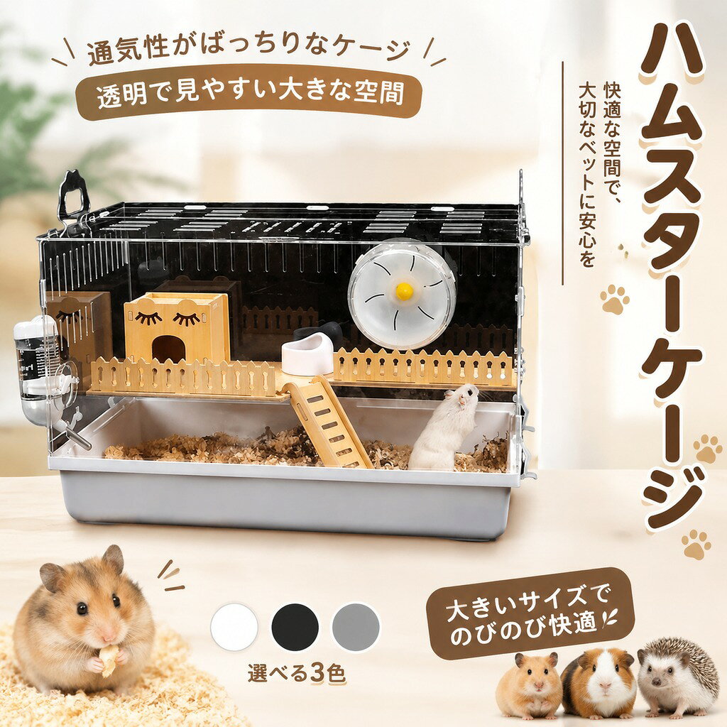 サイズ:長さ47CM×奥行30CM×高さ30CMの充分なスペースです。 ハムスター、シマリス、カナリアなどの小型動物に適しています。 割れにくく、耐久性抜群なABS材質を採用し、透明性は良くて、外からはっきり見えます。大好きなペットさんと近距離で近付きます。 組み立て式設計で、組み立て洗浄も便利です。ケージを常に清潔に保ち、清潔な環境を保ちます。 空間が大きく、ハムスターの運動不足に対して、広い空気を提供しています。 配置が整っており、直接ネズミを連れて入居することができます。 ケージの屋上と両側に複数の通気孔が付きます。空気の流れが良くて室内の温度とほとんど同じです。温度の管理が易くて、ハムスターさんに良好な生活環境が作ります。 サイズ セット入り サイズについての説明 サイズ:長さ47CM×奥行30CM×高さ30CM※サイズ計測には誤差が生じます。 素材 PS ABS 木 色 TYPE1-ホワイト TYPE1-透明色 TYPE2-ホワイト TYPE2-透明色 TYPE3-ホワイト TYPE3-透明色 TYPE4-ホワイト TYPE4-透明色 TYPE5-ホワイト TYPE5-透明色 TYPE6-ホワイト TYPE6-透明色 備考 ●サイズ詳細等の測り方はスタッフ間で統一、徹底はしておりますが、実寸は商品によって若干の誤差(1cm〜3cm )がある場合がございますので、予めご了承ください。 ●製造ロットにより、細部形状の違いや、同色でも色味に多少の誤差が生じます。 ●パッケージは改良のため予告なく仕様を変更する場合があります。 ▼商品の色は、撮影時の光や、お客様のモニターの色具合などにより、実際の商品と異なる場合がございます。あらかじめ、ご了承ください。 ▼生地の特性上、やや匂いが強く感じられるものもございます。数日のご使用や陰干しなどで気になる匂いはほとんど感じられなくなります。 ▼同じ商品でも生産時期により形やサイズ、カラーに多少の誤差が生じる場合もございます。 ▼他店舗でも在庫を共有して販売をしている為、受注後欠品となる場合もございます。予め、ご了承お願い申し上げます。 ▼出荷前に全て検品を行っておりますが、万が一商品に不具合があった場合は、お問い合わせフォームまたはメールよりご連絡頂けます様お願い申し上げます。速やかに対応致しますのでご安心ください。