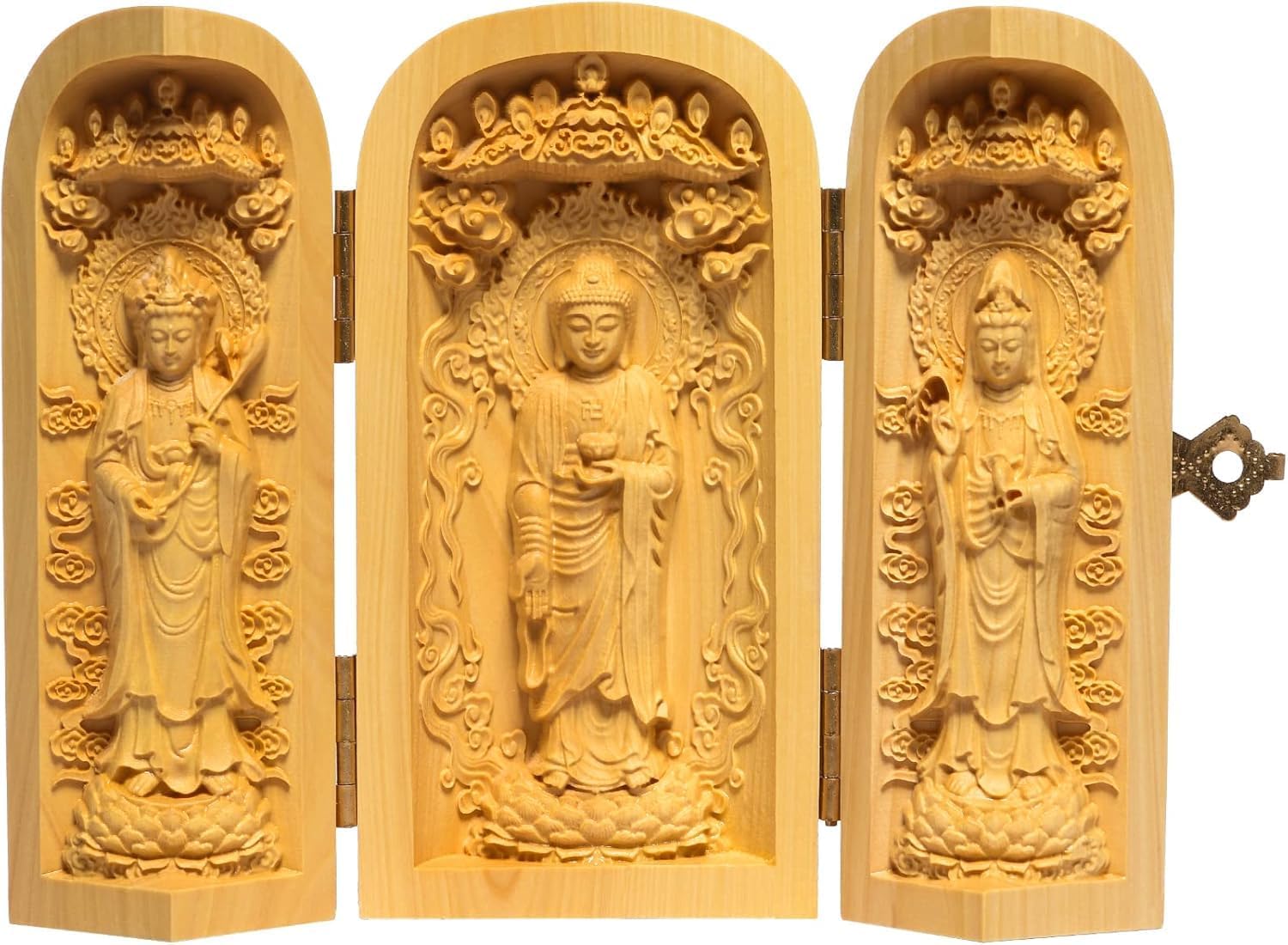 三開仏 三開仏像 木彫り 置物 観音像 阿弥陀如来 勢至菩薩 阿弥陀如来 観音菩薩 ミニ 仏壇 仏箱 仏龕 柘植の木
