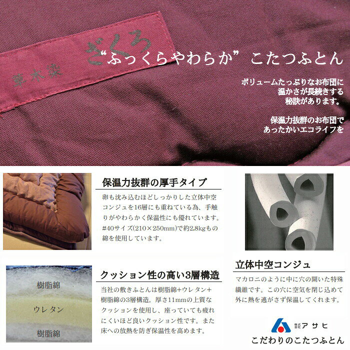 【日本製】アサヒ ふっくらこたつ布団 ざくろ染 幅105〜120cm 長方形 掛敷き布団セットKF-377 #40/赤紫色/高級感/安心・安全国産家具認定ASAHI/草木染/天然染料/こたつ布団のみ/保湿力送料無料 [2]