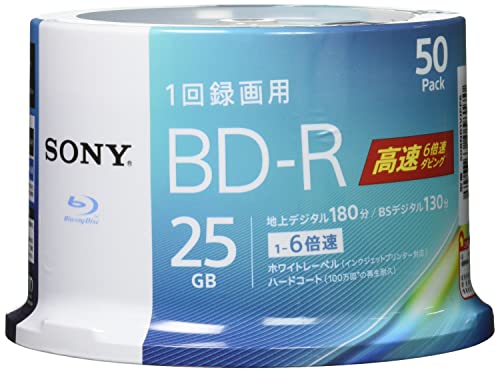 ソニー ブルーレイディスク BD-R 25GB (1枚あたり地デジ約3時間) 1回録画用 50枚入り 6倍速ダビング対応 ケース無し 50BNR