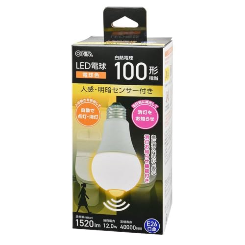 オーム(OHM)オーム電機 LED電球 E26 100形相当 人感明暗センサー付き 電球色 LDA12L-G R52 06-4789