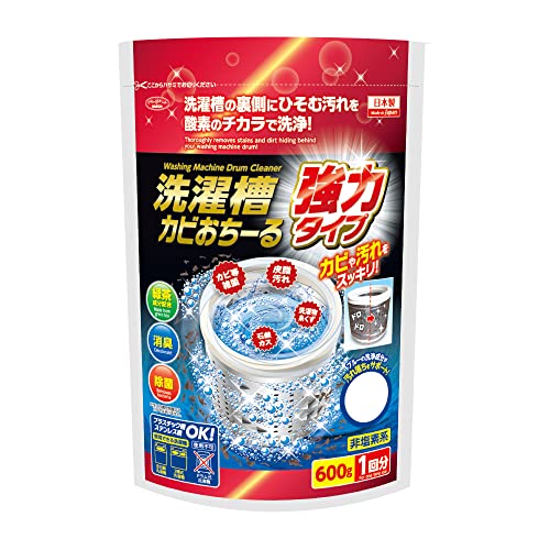 縦型用 強力タイプ-/単品/1009536・ScentName:縦型用 強力タイプSize:単品・パッケージ個数:1・【商品仕様】正味量/600g、成分/過炭酸ナトリウム、洗浄補助剤（炭酸ナトリウム）、活性化剤、緑茶エキス、液性/弱アルカリ性、使用量の目安10kgサイズまでの洗濯機に全量600g、用途/全自動洗濯機の洗濯槽、2槽式洗濯機の洗濯槽用。プラスチック槽、ステンレス槽いずれもご使用できます。※ドラム式洗濯機には使用しないでください。洗濯機以外には使用できません。、原産国/日本・【つけ置き時間短縮】洗浄成分増量で浸け置き時間が短縮（※当社従来品との比較）。ブルーの洗浄成分が汚れ落ちをサポートします！・【除菌・消臭効果】洗濯槽の裏側にひそむカビや汚れを酸素のチカラでスッキリ洗浄！洗濯槽の隅々まで行き渡る※全ての菌を除菌するわけではありません・【洗濯槽には汚れがビッシリ!】裏側にはりついた黒カビや汚れが洗濯物のイヤな臭いの原因になります。そのため洗濯槽の定期的な洗浄が必要です！商品紹介 洗濯槽の裏側にひそむカビや汚れを酸素のチカラでスッキリ洗浄！洗浄成分増量で浸け置き時間が短縮（※当社従来品との比較）。ブルーの洗浄成分が汚れ落ちをサポートします。緑茶成分配合。消臭、除菌、非塩素系。 原材料・成分 過炭酸ナトリウム、洗浄補助剤（炭酸ナトリウム）、活性化剤、緑茶エキス 使用方法 1. 糸くずとりネットが傷まないように、事前に取り外してください。2. 洗濯槽に高水位まで給水します。※風呂の残り湯は使わない。 熱湯（50℃以上）を使用しない。3. 本剤を全量入れ、3〜4分間運転して粉を溶かした後、電源スイッチを切ります。4. フタを閉めた状態で2時間放置します。5. 水を全て排水し、標準コースを1〜2回運転します。 運転時に不要なタオルなどを入れておくと、汚れがタオルについてお掃除が簡単です。 ※汚れが多い場合は、水面に浮いた汚れを洗面器などですくい取ってください。※換気をよくして使用してください。※粉が舞う恐れがありますので、顔を近づけて開封しないでください。 洗濯槽の中に汚れが出てくる場合は、さらに数回標準コースを運転してください。 初めてご使用の場合や汚れがひどい場合、1回の使用で取りきれず、汚れが出続けることがあります。 その場合はもう一度、「洗濯槽カビおちーる強力タイプ」を使用してください。