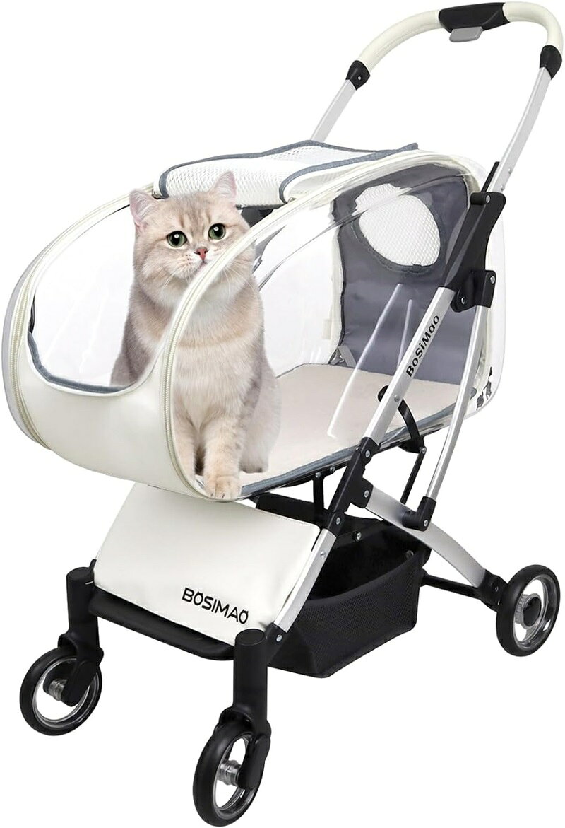 【3in1用途】猫用ベビーカー は本体から分離できます。透明 猫用 カートとして、ペットドライビングボックスとして、また家庭用の簡易小型犬小屋としても使えます。 四輪ペットベビーカーはオックスフォード布、高品質のPE + PUレザー、アルミニウム合金フレームで作られています。 インナークッションは取り外して洗濯可能です。 ? 【ワンボタン収納】折りたたみペットベビーカーはワンボタンで折り畳むことができ、収納した本体は自立でき、収納にもスペースを取りません。 ペットボックスは分割した後も折りたたむことができ、使用しないときは一緒に折りたたんで隅に置くことができます。 4輪ペットベビーカーには飛び防止インナーリードが付いているので、ペットが逃げる心配はありません。 ? 【おしゃれな外観デザイン】ペット用ベビーカーは可愛くてスタイリッシュ、猫用ベビーカーは作りがしっかりしていて耐久性があり、コストパフォーマンスが高いです。 メッシュ窓は通気性と視認性に優れ、虫が侵入しにくく、ペットが圧迫感なく自由に呼吸できます。 スタイリッシュでキュートなデザインが魅力的で、ペットの飼い主にユニークな魅力をもたらします。 透明感のある外観は温もりと楽しさを醸し出し、細部にまで心を揺さぶる精緻な細工が施されています。 ? 【サイズ＆使用感】ペットカーのサイズ(約)：組み立て時：W48×D70×H103cm、ペットボックス：W34×D60×H35cm。 四輪ペットカー重量（約）：8KG、耐荷重（約）：18KG。 ペットは快適に座ったり横になったりすることができ、ペットに快適で安全な体重負荷体験を提供します。 (多数の小型犬から中型犬、複数のペット、腰に問題があるペット、または運動能力が制限されているペットに最適な部屋です。) ? 【親密なデザイン】前輪は360度回転でき、ドッグカーの後輪には連動ブレーキが付いており、ペットカーを踏むと簡単に停止できるので、乗っている時も安心です。坂道やちょっと止まったとき。 ペットベビーカーは前輪が小さく後輪が大きく、登坂性能が高く、安全性能が強く、旋回性に優れ、体の抵抗が比較的小さいです。