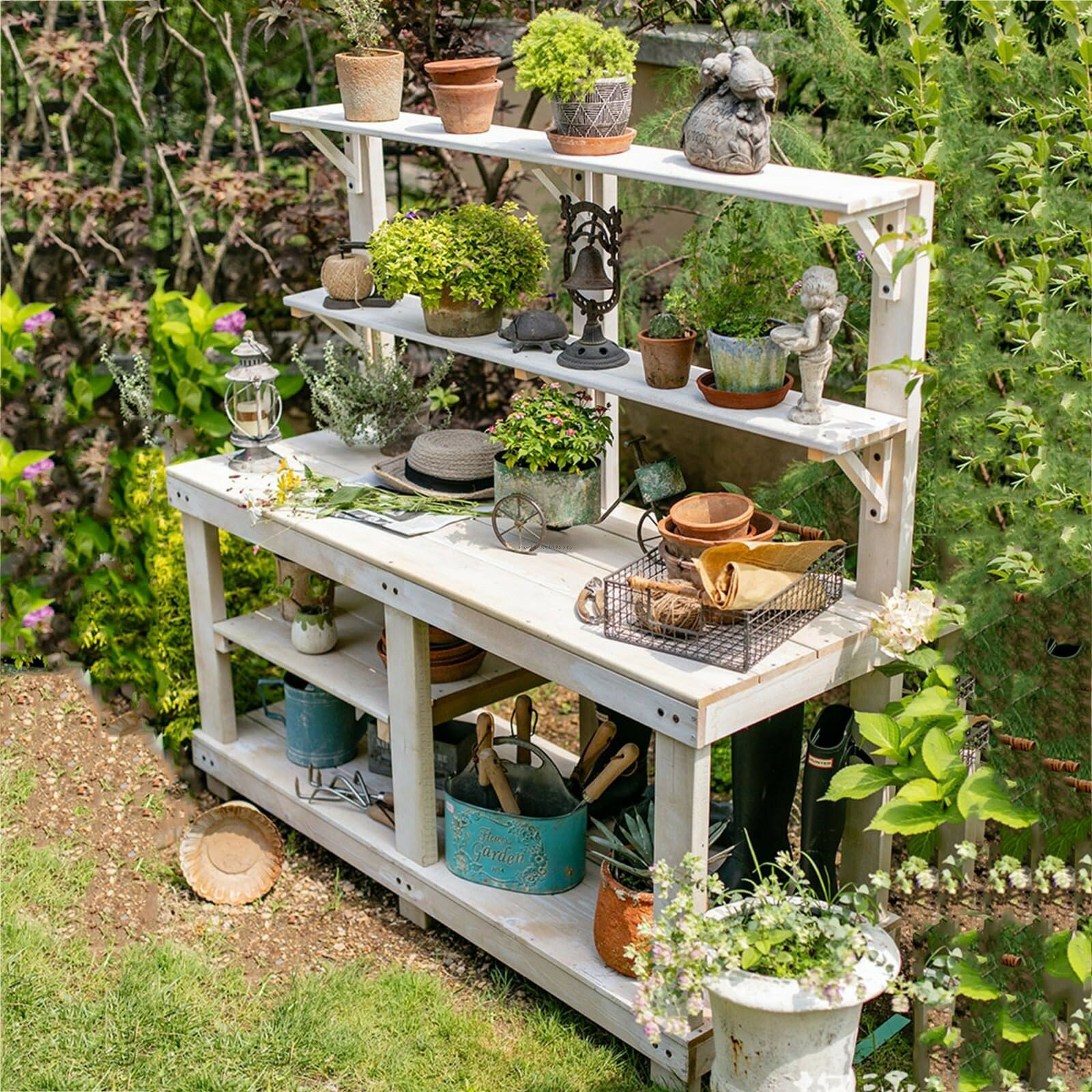 屋外用 木製 植木台 DIY ガーデンワークステーション 4段 多機能 収納ラック 付き ...