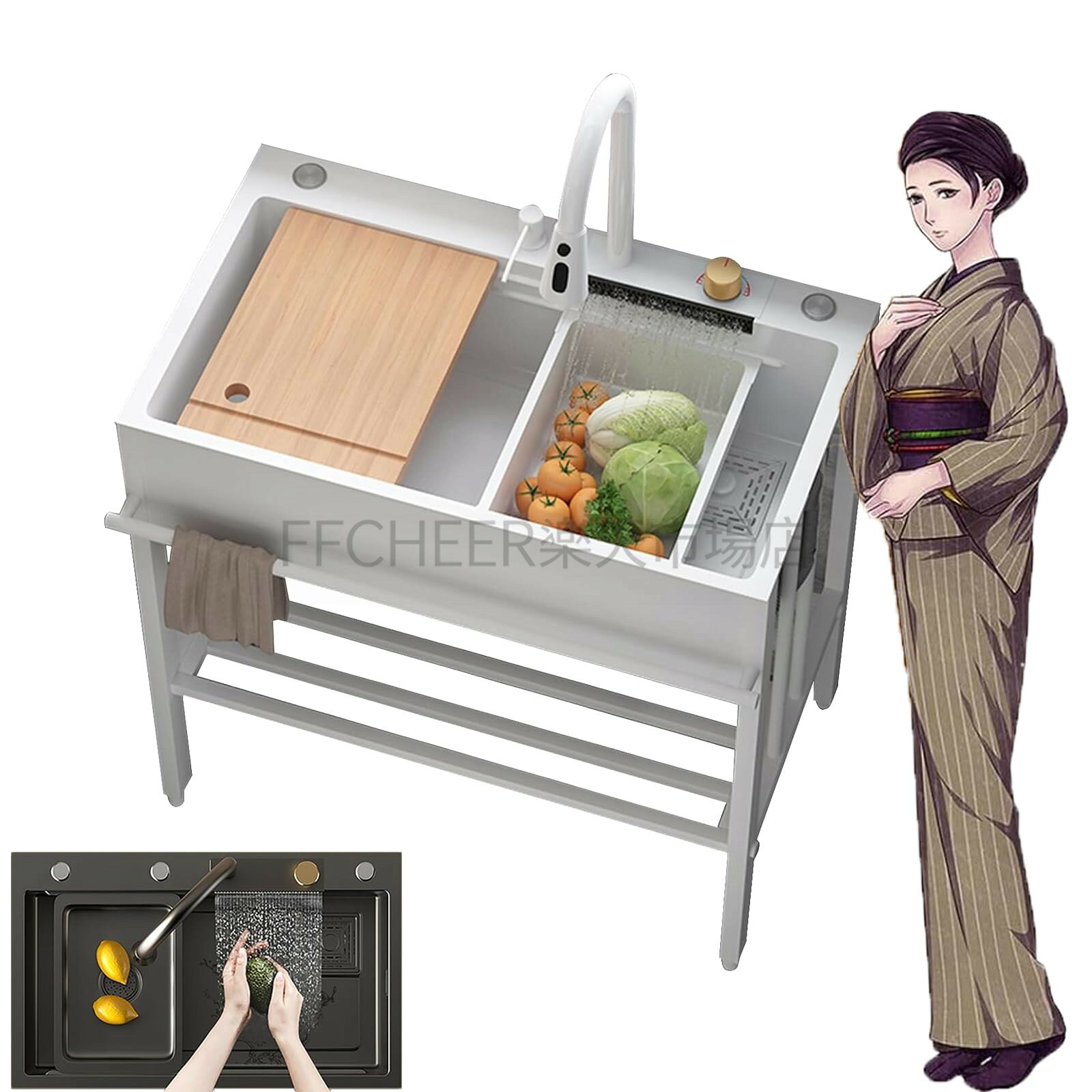 メーカー希望小売価格はメーカーカタログに基づいて掲載しています【商品名】業務用シンク ガーデンシンク ステンレス製 流し台 レインダンス蛇口 収納ラック 付き 屋外シンク 自立型シンク 大容量シンク おしゃれ 台所 錆びにくい 簡単取付 業務用流し台 庭 シンク おしゃれ 屋外 大容量 洗面所 飲食店 家庭 工場 農園 厨房 アウトドアに 対応【価格】69546円【商品説明】【レインダンス ガーデンシンク サイズ 】レインダンス ガーデンシンク。68x45x84cm/75x45x84cm/80x45x84cm。カラー:ブラック/ホワイト。【ウォーターフォールプルアウト蛇口デザイン】シングルボウルキッチンシンクの革新的なウォーターフォール蛇口デザイン、水平水出口、ウォーターフォールシャワー、飛び散りのない均一で柔らかく繊細な水、野菜や果物の洗浄により効率的です。ハンドホイールスイッチ、プラス3つの水出口 引き出し式蛇口のモードにより、キッチンの掃除がより便利かつ簡単になります。【独立型大容量業務用シンク】シンクは錆に強いステンレス製で、屋外でも錆びにくく、頑丈で耐久性に優れています。 カウンタートップはお手入れが簡単で、黒い光沢を保ちます。耐久性に優れ、ゆがみません。シンク下には便利な収納棚があり、作業道具や掃除したものを収納できます。【実用的でポータブル】屋外ガーデンシンクにはオープン収納ラックと外部タオルバーが装備されており、持ち運びや設置に便利です。360度回転するソープディスペンサーは液体を均一に分配し、スムーズにリバウンドします。 また、底部には調【商品名】業務用シンク ガーデンシンク ステンレス製 流し台 レインダンス蛇口 収納ラック 付き 屋外シンク 自立型シンク 大容量シンク おしゃれ 台所 錆びにくい 簡単取付 業務用流し台 庭 シンク おしゃれ 屋外 大容量 洗面所 飲食店 家庭 工場 農園 厨房 アウトドアに 対応【価格】69546円【商品説明】【レインダンス ガーデンシンク サイズ 】レインダンス ガーデンシンク。68x45x84cm/75x45x84cm/80x45x84cm。カラー:ブラック/ホワイト。【ウォーターフォールプルアウト蛇口デザイン】シングルボウルキッチンシンクの革新的なウォーターフォール蛇口デザイン、水平水出口、ウォーターフォールシャワー、飛び散りのない均一で柔らかく繊細な水、野菜や果物の洗浄により効率的です。ハンドホイールスイッチ、プラス3つの水出口 引き出し式蛇口のモードにより、キッチンの掃除がより便利かつ簡単になります。【独立型大容量業務用シンク】シンクは錆に強いステンレス製で、屋外でも錆びにくく、頑丈で耐久性に優れています。 カウンタートップはお手入れが簡単で、黒い光沢を保ちます。耐久性に優れ、ゆがみません。シンク下には便利な収納棚があり、作業道具や掃除したものを収納できます。【実用的でポータブル】屋外ガーデンシンクにはオープン収納ラックと外部タオルバーが装備されており、持ち運びや設置に便利です。360度回転するソープディスペンサーは液体を均一に分配し、スムーズにリバウンドします。 また、底部には調