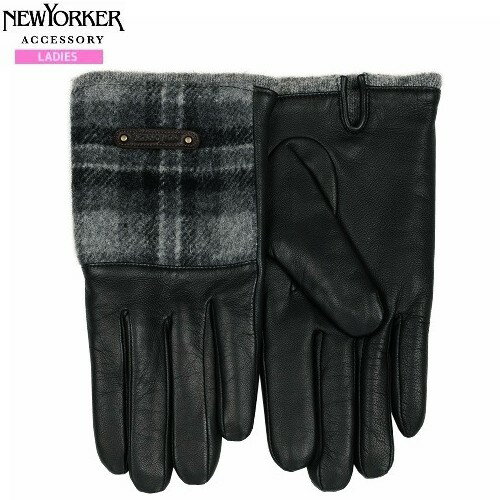 NEWYORKER ニューヨーカー 本革 チェック ミックス素材 レザーコンビ グローブ 手袋 グレー 23/2/4 220223【送料無料】