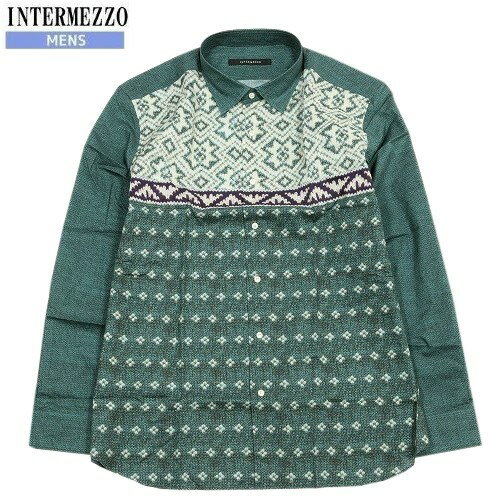 インターメッツォ 服（メンズ） ●SALE80%OFF【INTERMEZZO】インターメッツォ 日本製 ニット転写プリント カジュアルシャツ(長袖) 緑『16/3/2』100316【送料無料】20.03sage