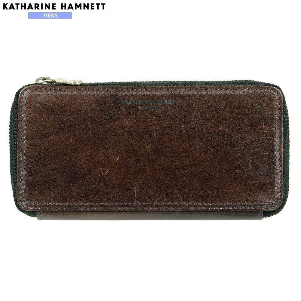 訳あり商品 キャサリンハムネット 長財布 KATHARINE HAMNETT LONDON メンズ 本革 ベジタブルタンニンレザー ラウンドファスナー チョコ 2504BE