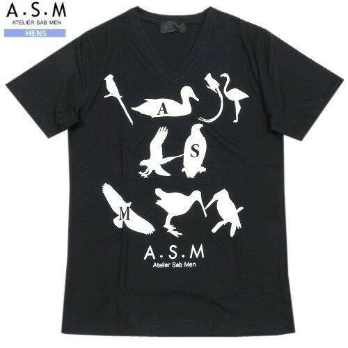 SALE71 OFF【ATELIER SAB MEN】アトリエサブメン BIRDプリント Vネック Tシャツ(半袖) 黒『20/6/1』030620【送料無料】 23.10sage