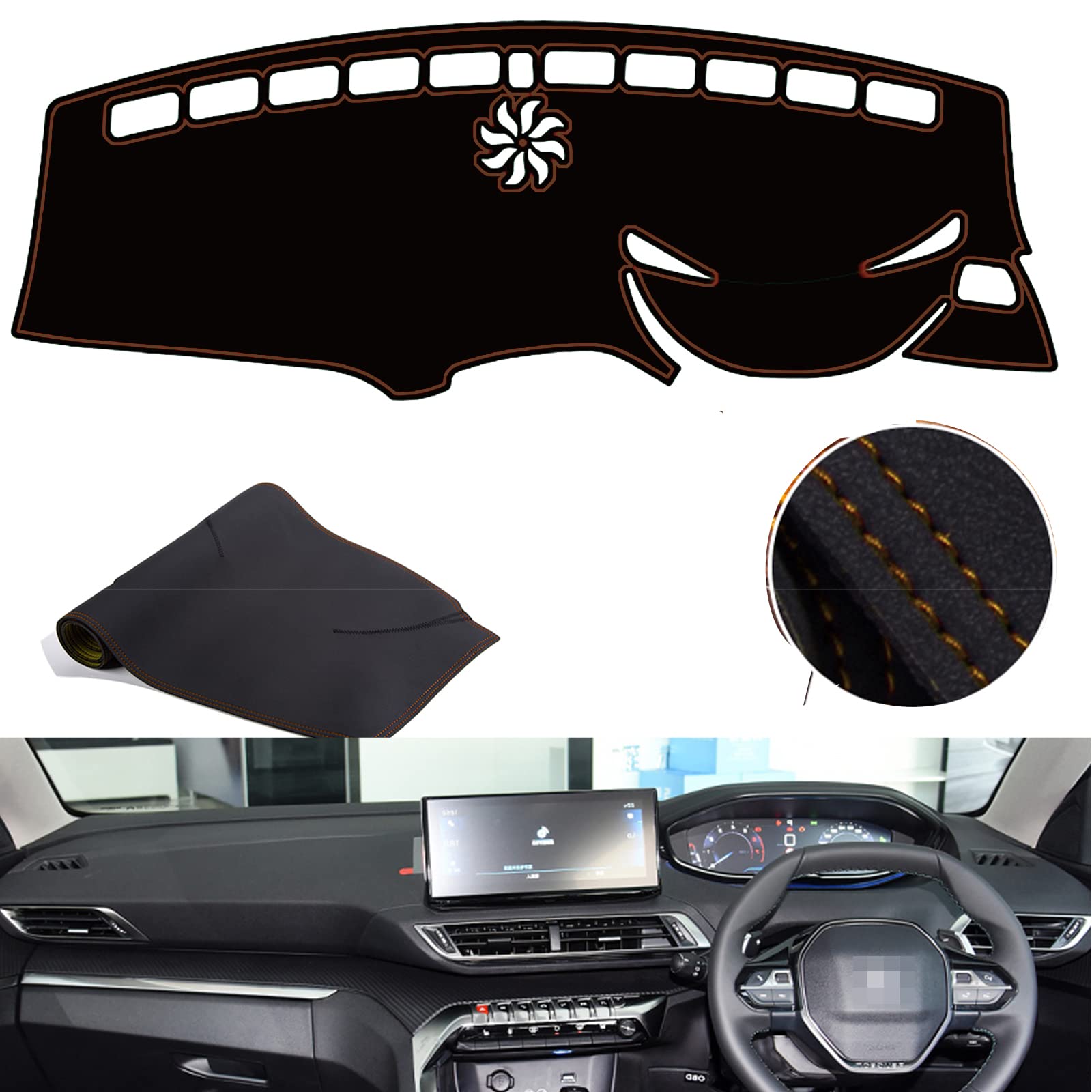 プジョー 4008 2017~2021 マイクロファイバーレザー製 ダッシュボードカバー 耐熱?日焼け防止｜右ハンドル車用 ダッシュボードマット 内装保護パッド 耐久性 (黒茶色のワイヤー)
