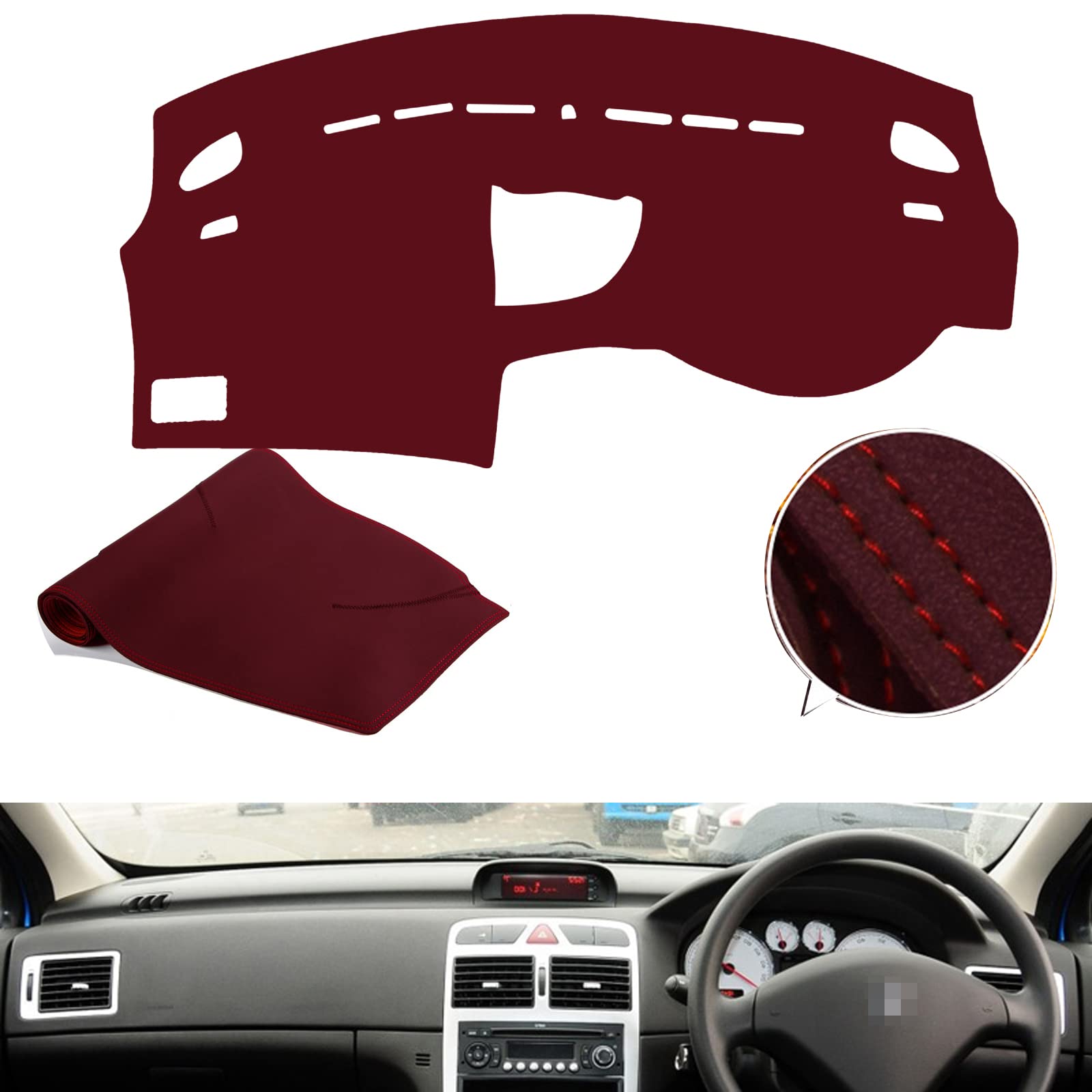 プジョー 307 マイクロファイバーレザー製 ダッシュボードカバー 耐熱?日焼け防止｜右ハンドル車用 ダッシュボードマット 内装保護パッド 耐久性 (レッド)