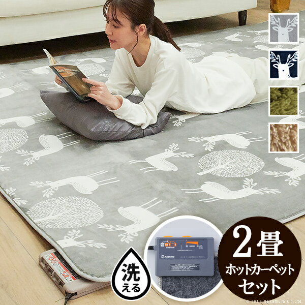 【40％OFFクーポン対象商品！】ホットカーペット カバー 洗える 『ラグマット〔モリス〕 2畳用 (186x186cm) +ホットカーペット本体セット』 セット 電気カーペット ラグ マット ふんわり 北欧 防ダニ エルク 無地 フランネル 保温シート awcp