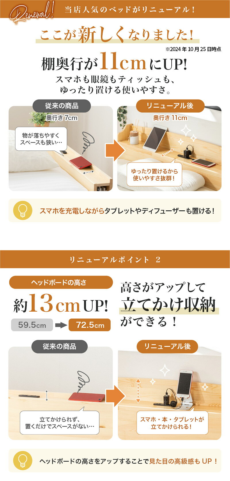 【クーポンで5%OFF★10/5 23:59まで】すのこベッド ベッドフレーム シングル セミダブル ダブル クイーン セミシングル セミシングルショート パイン材 天然木 宮付き コンセント付 高さ調節 通気性 カビ対策 頑丈 耐荷重200kg ナチュラル ウォルナット ホワイト fi-mint-10011086 家具・インテリアのMINT楽天市場店 サンプル画像3